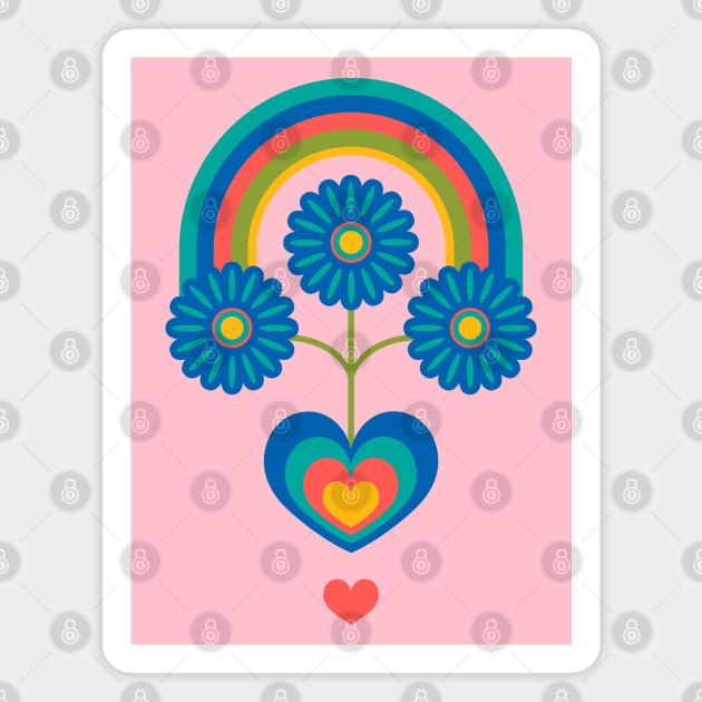 UNDER THE RAINBOW Folk Art Mid-Century Modern Scandi Floral With Flowers and Hearts on Pink - UnBlink Studio by Jackie Tahara Magnet by UnBlink Studio by Jackie Tahara